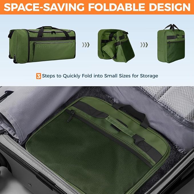 Uarition 70L Foldable Rolling Duffle Bag with Wheels, 28” Large Duffle Bag for Travel, Carry On Luggage Duffel Bag for Traveling/Camping/Moving, Water Resistant, Green - Image 4