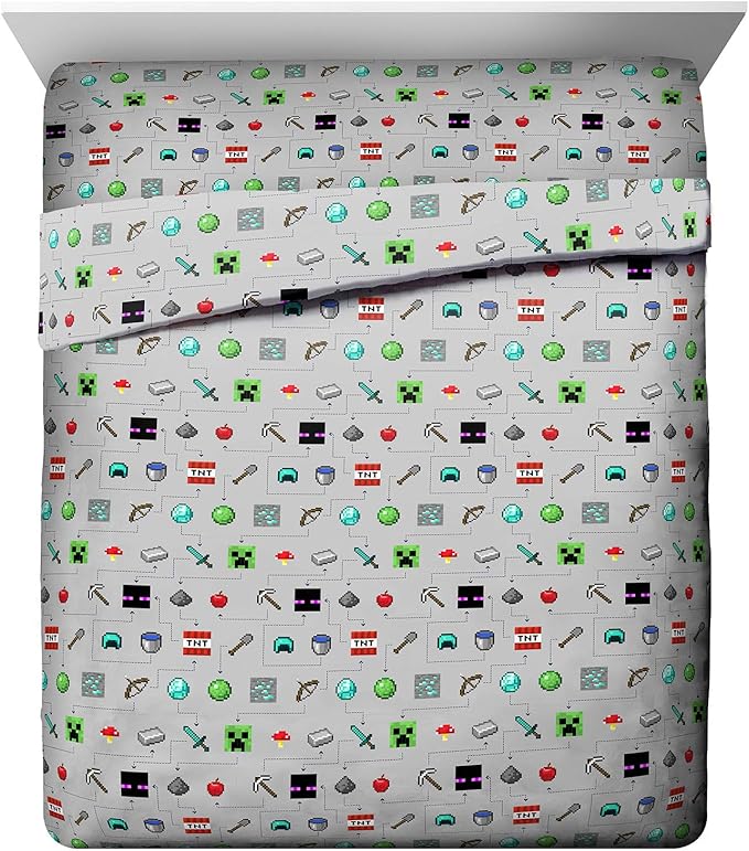 Jay Franco Kids Sheet Set with Fitted, Flat Sheets & Pillow Cover - Ultra-Soft Bedding with Pillowcase for Room Decor, Gray - Minecraft, 4 Piece Queen by JayFranco