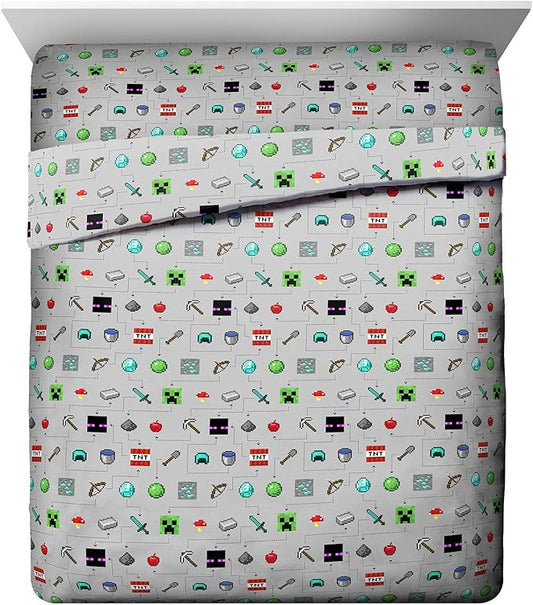 Jay Franco Kids Sheet Set with Fitted, Flat Sheets & Pillow Cover - Ultra-Soft Bedding with Pillowcase for Room Decor, Gray - Minecraft, 4 Piece Queen by JayFranco