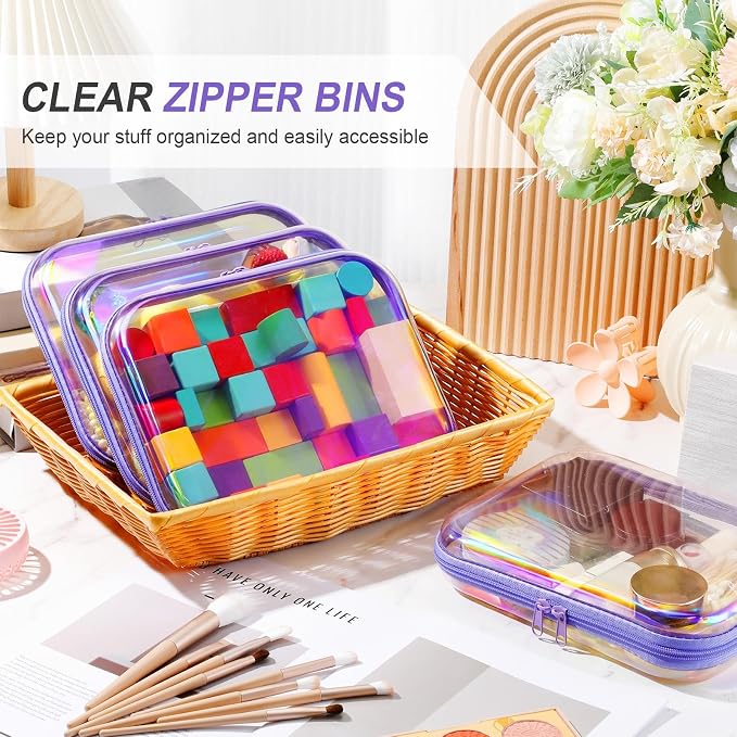Hoolerry 4 Pcs Hard Clear Zipper Case Makeup Bags Plastic Zipper Pouch Transparent Storage Box Containers for Cosmetics, Snacks, Building Blocks, Puzzles(Clear,9.8 x 7.9 x 2 in,Purple Laser) - Image 5