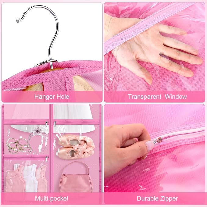 Geelin 14 Pcs Garment Bags for Dance Costumes PVC Clear with Zippers 20 x 40 Inch Garment Bag with Pockets Dance Costume Organizer Carrier for Storage Cover for Adult(Pink) - Image 3