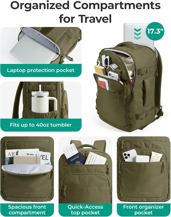 BAGSMART Travel Backpack for Women & Men 17.3 inch Laptop, Flight Approved Carry on Backpack with Shoe bag & 2 Packing Cubes, Water-Resistant Large Business Travel Bag, Weekender Bag - Olive green - Image 3