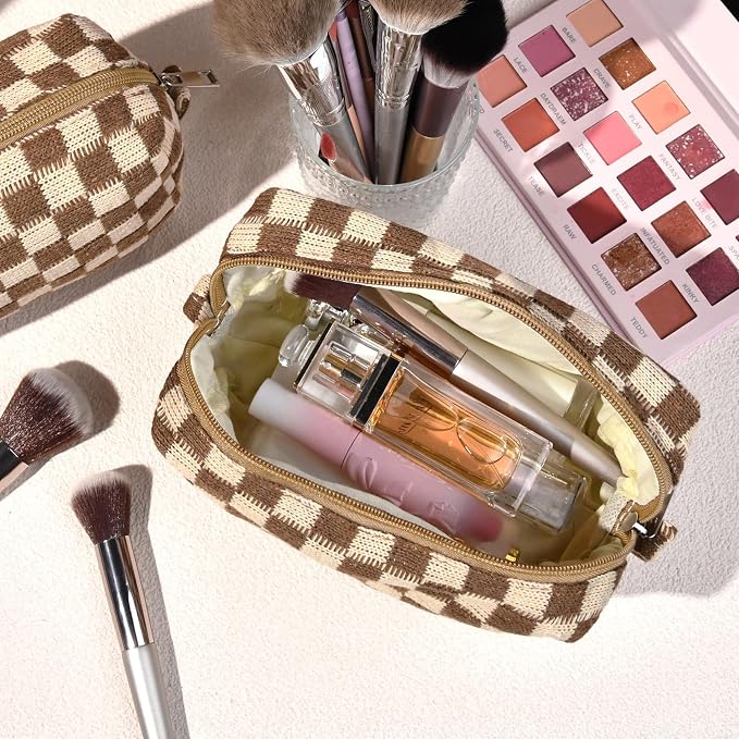SOIDRAM 2 Pack Checkered Makeup Bag for Women, Cute Makeup Pouch Small Makeup Bag Travel Cosmetic Organizer for Toiletries, Brushes & Skincare - Image 2