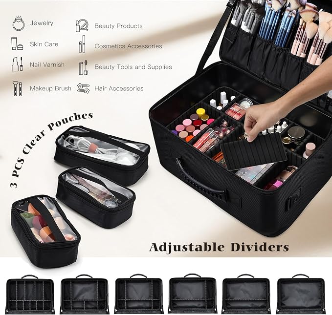 Costravio Makeup Bag Organizer Large Makeup Case Backpack Professional 2 Layers Cosmetic Storage Organizer Brush Slot with 3 Clear Set Bags for Makeup Artists with Shoulder Strap Adjustable Dividers - Image 5