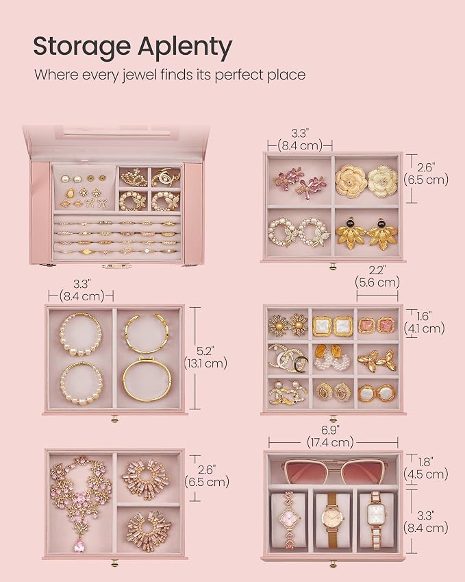 SONGMICS Jewelry Box Organizer, 6-Layer with 5 Drawers, Jelly Pink | Jewelry Storage Case with Lock and Mirror, Large Storage Capacity, for Necklaces, Watches, Gift for Loved Ones UJBC152SA02S - Image 4