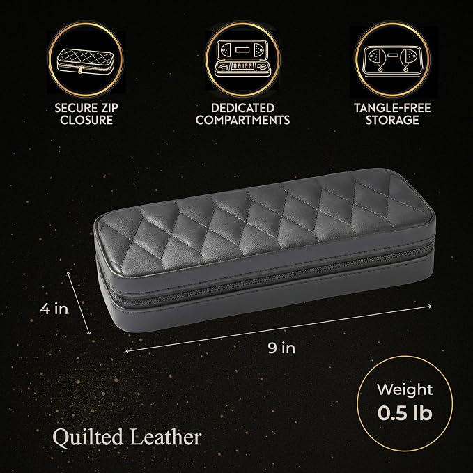 Bey-Berk Diamond-Quilted Leather Travel Jewelry Case, Black, 9" x 4" x 1.75" - Image 4