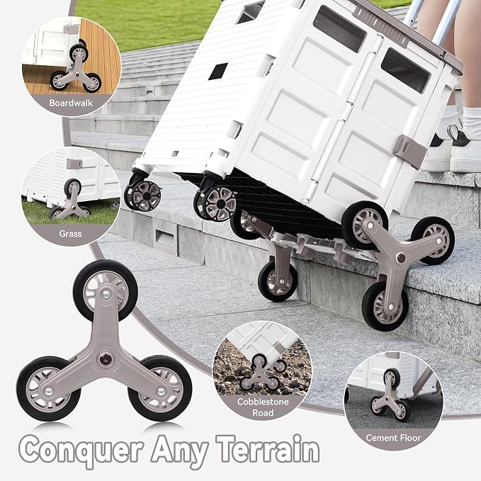 Foldable Utility Cart Portable Crate Rolling Dolly with Telescopic Handle,Can be Pulled diagonally, Magnetic Retractable Lid, 360°Swivel Climbing Wheels for Shopping Carrying Groceries Move White - Image 2