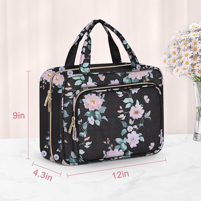 Wedama Toiletry Bag for Women, Large Cosmetic Travel Bag, Hanging Toiletry Bag for Bathroom, PVC Waterproof Makeup Bag, Toiletries Bag for Travel Business Trips and Camping, Black+Pink Floral - Image 6