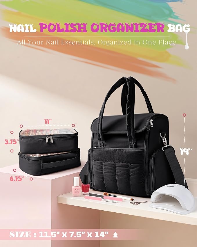 Marscamd Nail Polish Organizer Bag Holds 70 Bottles and Nail Lamp, Nail Polish Storage Case with 2 Removable Bags and Multiple Pockets, Black - Image 5