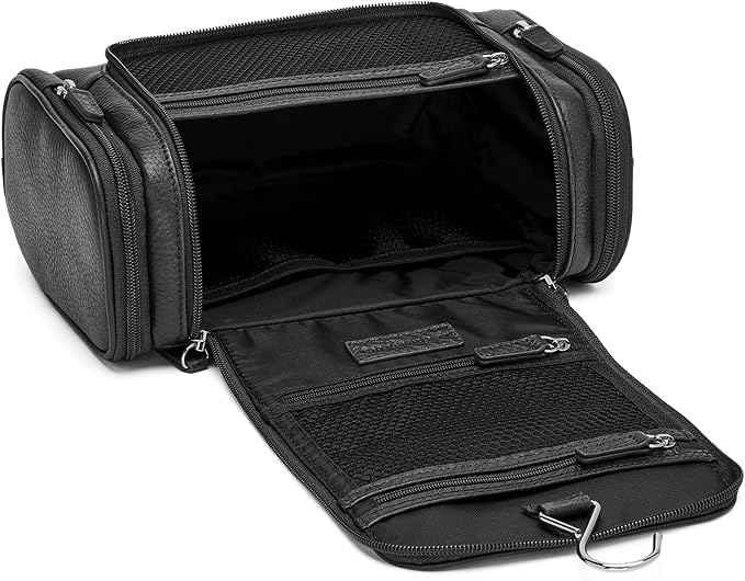 Leatherology Premium Ebony Small Hanging Toiletry Kit – Compact Leather Travel Organizer with Interior Zip Pockets, Mesh Pouches & Hanger | Full-Grain Leather Toiletry Bag for Men & Women - Image 4