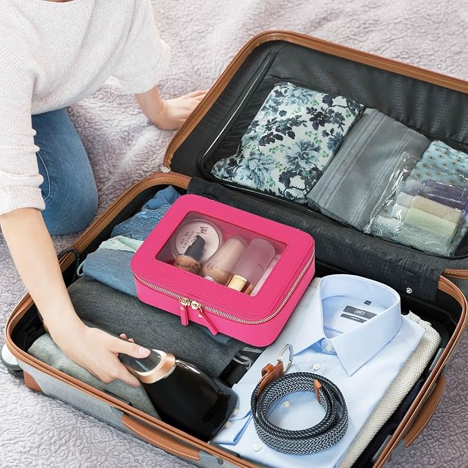 Clear Travel Makeup Bag with Brush Case Portable Transparent Cosmetic Bag and Toiletry Bag Waterproof Makeup Organizer with Zipper Car Essential for Women (Fuxia, M+Slim) - Image 5
