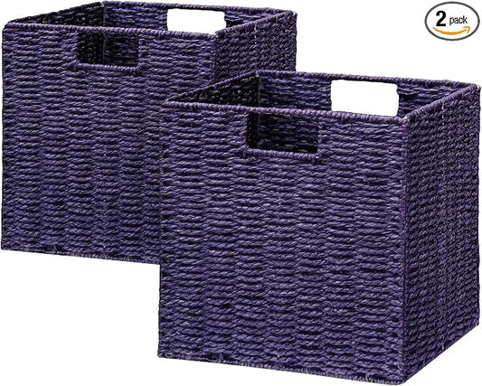Vagusicc Wicker Storage Basket, Set of 2 Hand-Woven Paper Rope Wicker Basket, Foldable Cube Storage Bins, Square Large Storage Baskets for Organizing Shelves, Decor, Orange (13″×13″×13″) by Vagusicc