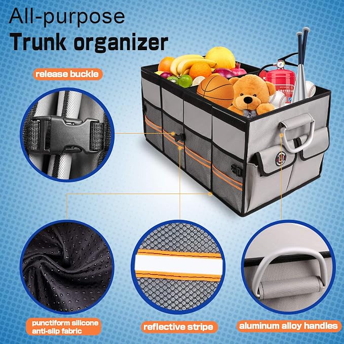 Trunk Organizer, LIBZAKI Cargo Organizer, Premium Multi Compartments Collapsible Portable Trunk Storage for auto, SUV, Truck, Minivan -Grey - Image 2