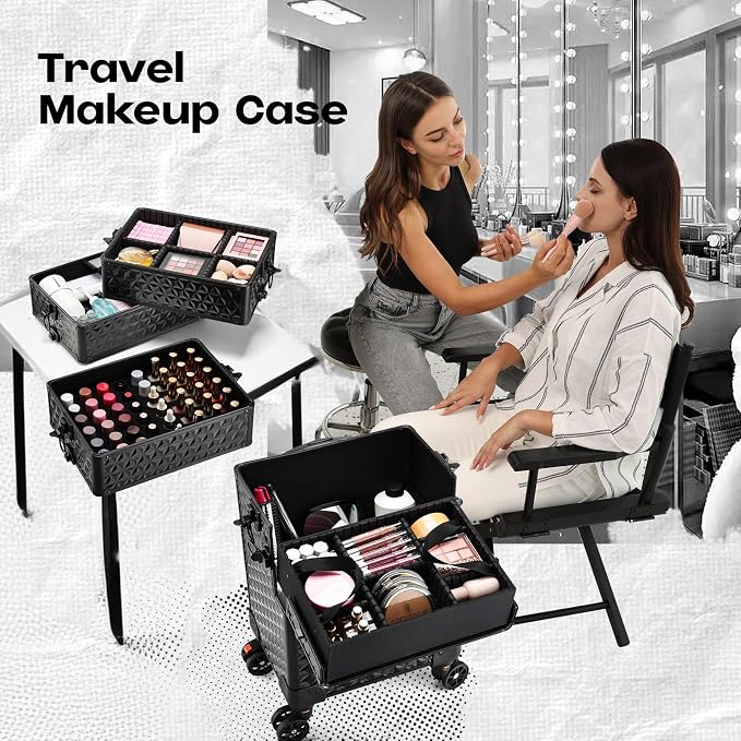 Yueieoun 5 in 1 Makeup Train Case, Cosmetology Case on Wheels Travel Make up Case Rolling Nail Cart Makeup Organizer Cosmetic Storage Box Cases Extra Large Trolley Truck with 360° Swivel Wheels, Black - Image 4