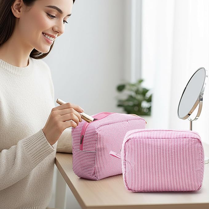 Sanwuta 9 Seersucker Cosmetic Bag Bulk Striped Makeup Bag for Women Aesthetic Cute Travel Toiletry Organizer Preppy Storage Pouch for Wedding Bridesmaid Mother's Day Teacher Gift (Large,Pink) - Image 3