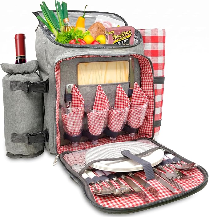 Nature Gear Picnic Backpack for 4, Insulated Picnic Set with Dinnerware, Wine Cooler, Blanket & Cutlery Service, Waterproof Outdoor Bag for Beach, Camping, Travel & Park, Red by NatureGear