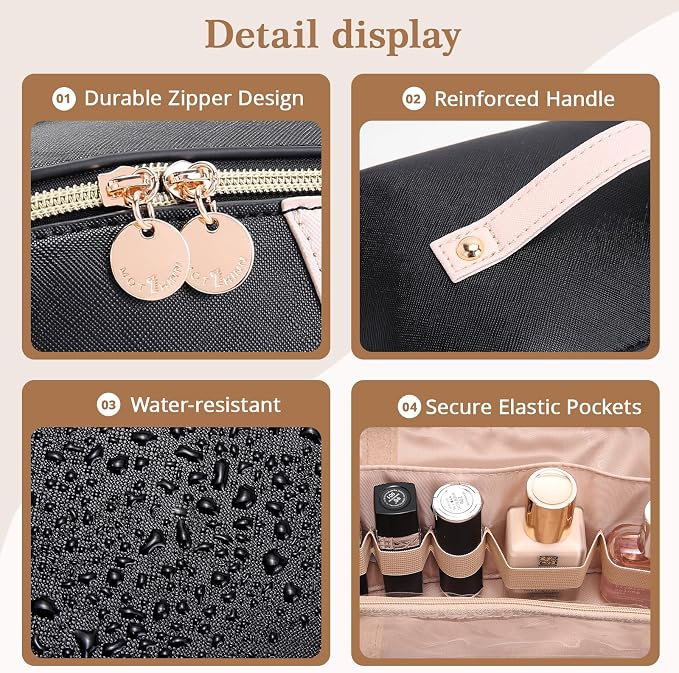 Travel Makeup Bag for Women: 3-in-1 Large Capacity Cosmetics Organizer with 2 Detachable Pouch - Vegan Leather Flat Open Toiletry Bag - Portable Travel Essentials for Full-Sized Bottles-Black - Image 4