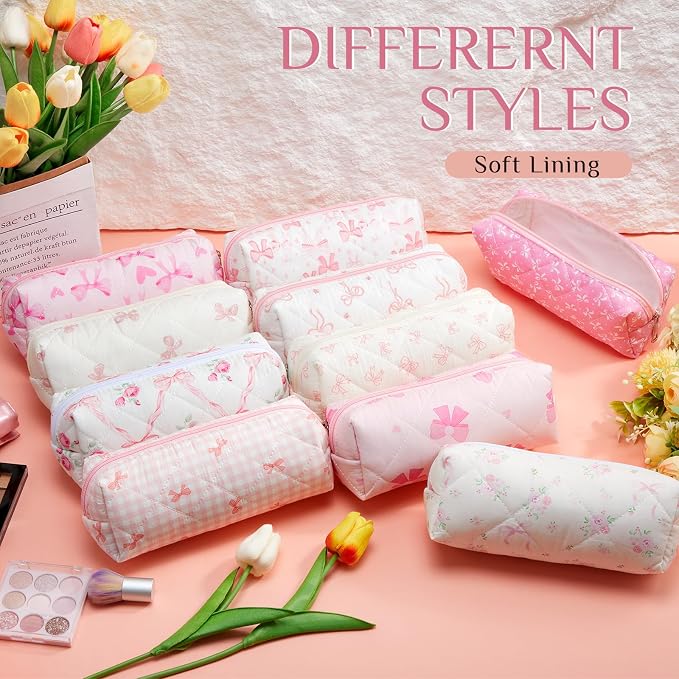 Paterr 10 Pcs Quilted Makeup Bag Bulk Cotton Floral Cosmetic Bag Women Girls Bridesmaid Gifts Cute Makeup Pouch Coquette Aesthetic Travel Toiletry Organizer(Pink Bow,7.48 x 2.36 x 3.15 Inches) - Image 3