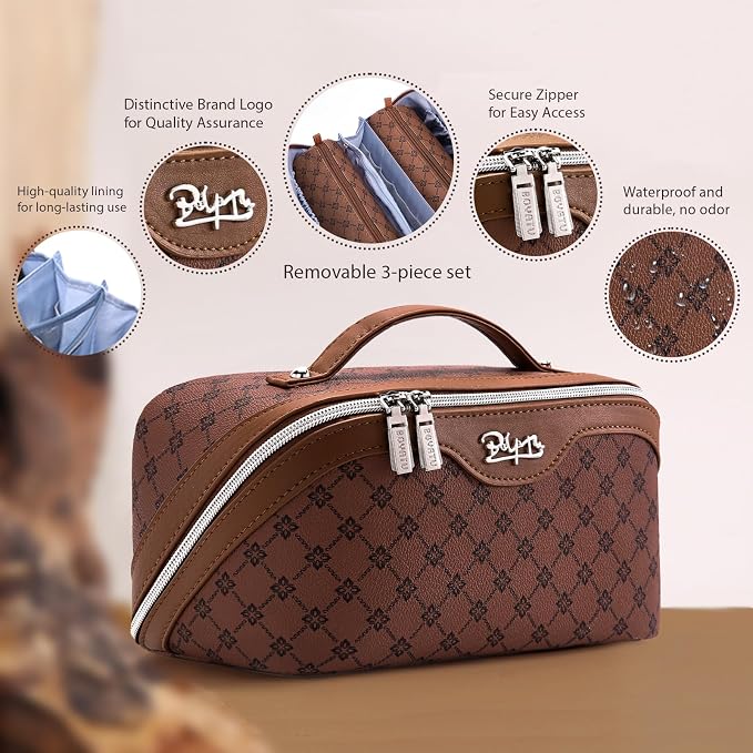 BOYATU Travel Makeup Bag Cosmetic Bags for Women: 3 Pcs Set Large Capacity Make up Bag with Handle - Vegan Leather Toiletry Bags with Compartments - Makeup Organizer for Travel Essentials(A-6-Brown) - Image 2