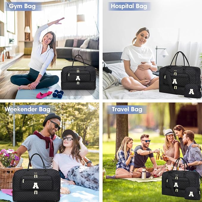 Initial Travel Duffle Bag for Women - Black Personalized Weekender Bags Overnight Bag with Shoe Compartment & Wet Pocket Weekend Tote Bags with Toiletry Bag Monogram Gifts (Letter A) - Image 6