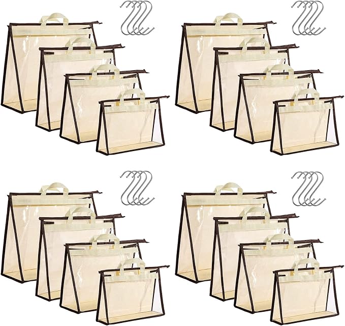 16 Pack Clear Handbag Storage Organizer with 16 Stainless Steel S-Hooks, 4 Assorted Sizes, Anti-Dust Moisture-Proof Purse Storage Bags with Zipper and Handle for Closet Hanging, Wallet Dust Cover Set by Boao