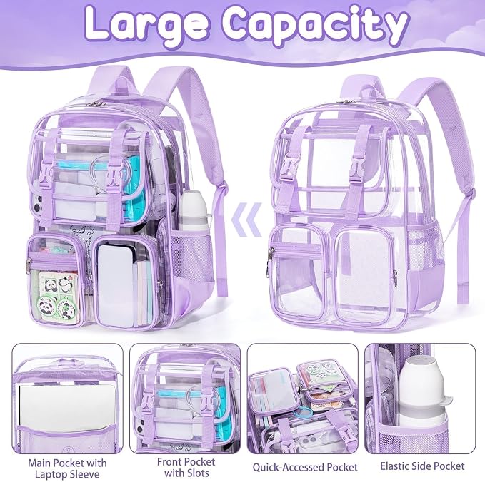 Fimibuke Clear Backpack for Girls - 3 PCS Heavy Duty Kids Boys Clear Bags Schoolbag Large Transparent PVC Bookbag with Lunch Box Pencil Case Set for Travel School Concert Stadium Events Backpacks - Image 3
