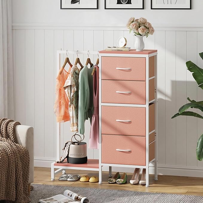 HIGDBFE Dresser with Hanging Rack, 4 Drawers Small Closet for Bedroom, Reversible Fabric Kids Chest of Drawers with Clothes Rack, Tall Storage Tower, Sturdy Frame, Pink, 44''H - Image 3