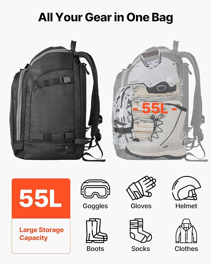 VEVOR Ski Boot Bag, Snowboard Boots Travel Backpack for Men Women, with Waterproof Exterior & Bottom, Durable 1680D Oxford, Bag for Skis, Snowboard, Helmet, Goggles, Gloves, Accessories - Image 2