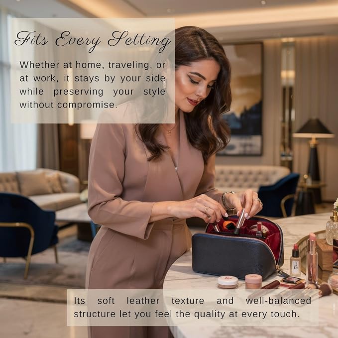 VENOULT Makeup Bag, Spacious Cosmetic Case for Women, Portable 180° Wide-Open Flat Cosmetic Bag, Travel Toiletry Organizer with Handle, Hanmdade, Full Grain Genuine Turkish Leather (Regal) - Image 8