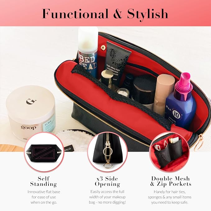 KUSSHI Washable Travel Makeup & Cosmetic Bag - Brush Organizer Sold Separately (Vacationer, Satin Black/Red) - Image 3