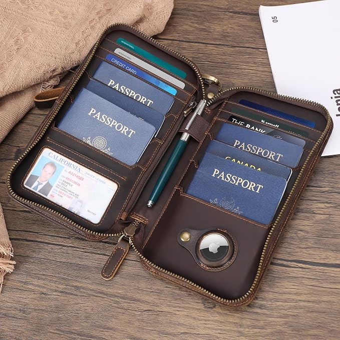Polare Full Grain Leather Family Passport Holder Travel Wallet and Documents Organizer RFID Blocking Case Fits 6 Passports (Dark Brown with AirTag Slot) - Image 3