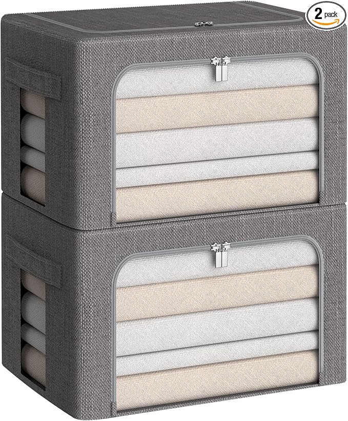 CYhom Clothes Storage Bins Box - Linen Fabric Foldable Stackable Container Organizer Set with Clear Window & Carry Handles & Metal Frame (Dark Gray, Medium-36L) by CYhom
