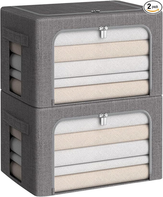 CYhom Clothes Storage Bins Box - Linen Fabric Foldable Stackable Container Organizer Set with Clear Window & Carry Handles & Metal Frame (Dark Gray, Medium-36L) by CYhom