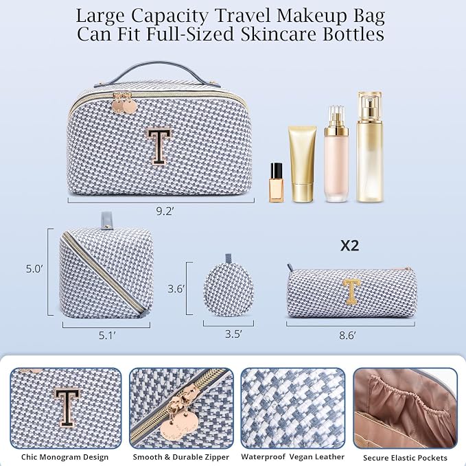 Personalized Gift Travel Makeup Bag: Initial Makeup Organizer Bag for Women | 3-in-1 Custom Make up Bag Set - Vegan Leather Travel Cosmetic Bag - Luxury Gift for Women – Birthday, Anniversary, Graduation - Image 6