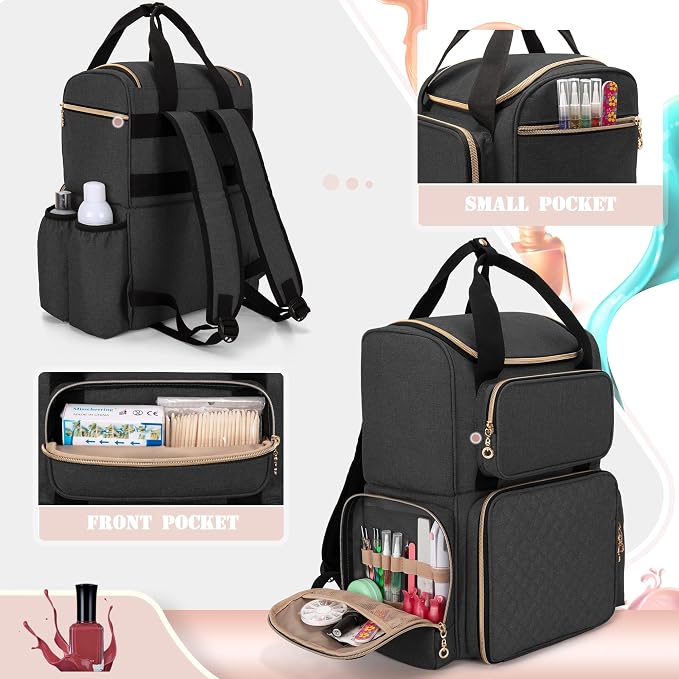 LUXJA Nail Polish Organizer Backpack Holds 70 Bottles and a UV Lamp | Travel Nail Bag with 2 Removable Cases, Ample Tools Storage Pockets, Adjustable Shoulder Straps, Trolley Sleeve, Black - Image 4