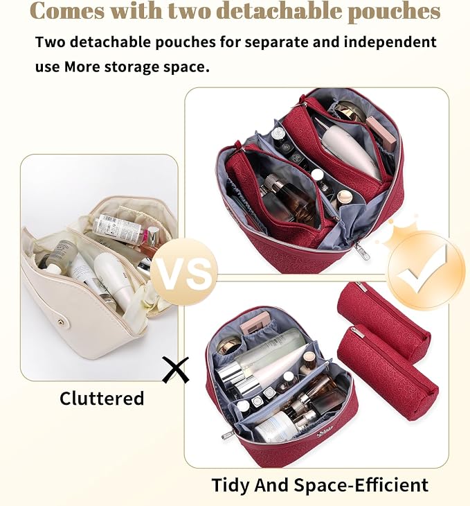 BOYATU Travel Makeup Bags Cosmetic Organizer Bag: 3 Pcs Set Large Capacity Make up Bag with Compartments - Waterproof Leather Toiletry Bags with Handle for Women (A-Red) - Image 4