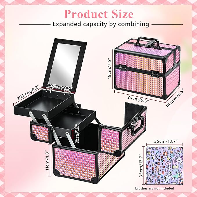 Makeup Case Organizer,Makeup Train Case, Trays Cosmetic Box Portable, Profesional for Salon Barber,Black Bright Pink - Image 3