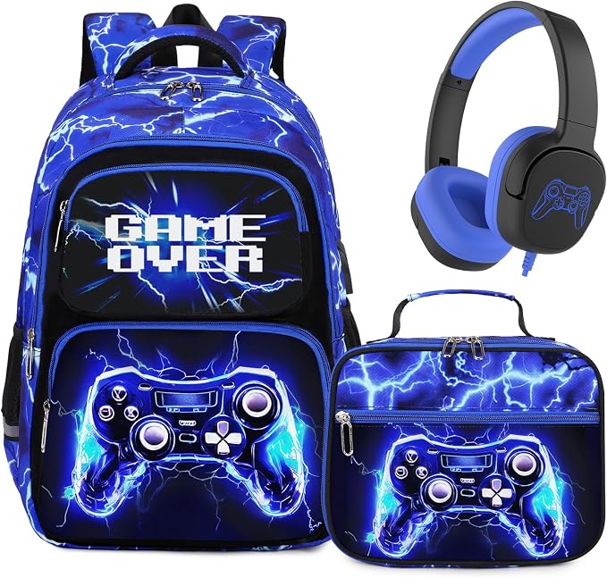 Bevalsa Backpack for Boys, School Bags for Kids with 3.5mm Jack Wired Headphones, Lunch Box & Pencil Case, Gamer Backpack for Kids Children Teens for Elementary Middle School Student (Lightning) by Bevalsa