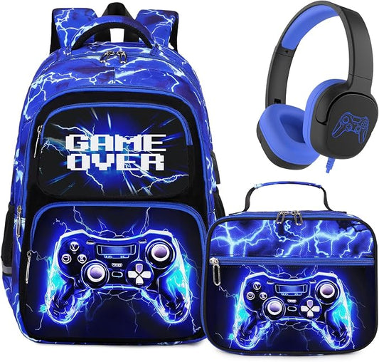 Bevalsa Backpack for Boys, School Bags for Kids with 3.5mm Jack Wired Headphones, Lunch Box & Pencil Case, Gamer Backpack for Kids Children Teens for Elementary Middle School Student (Lightning) by Bevalsa