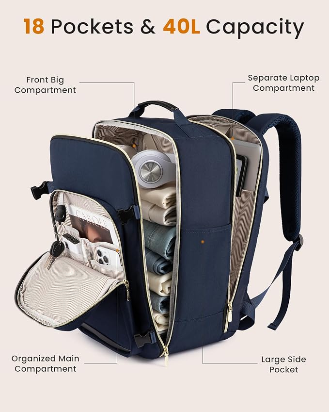 LOVEVOOK 40L Large Travel Backpack for Women, Carry on Backpack Airline Approved, Waterproof Travel Essentials fits 18" Laptop, TSA Personal Item Travels Bag Sports Backpack with 3 Packing Cubes - Image 3