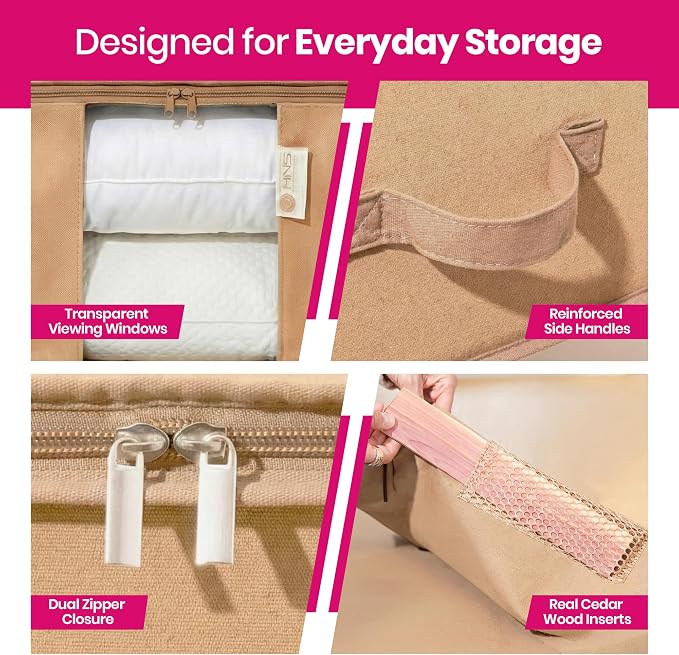 Cedar Storage Bag Organizer for Bedding Set - Protects from Moths, Moisture, Dirt & Dust - Set of 3 Storage Bags for Bed Sheets, Comforter, Pillows & More - Space-Saving Bedding Organizer, Beige - Image 5