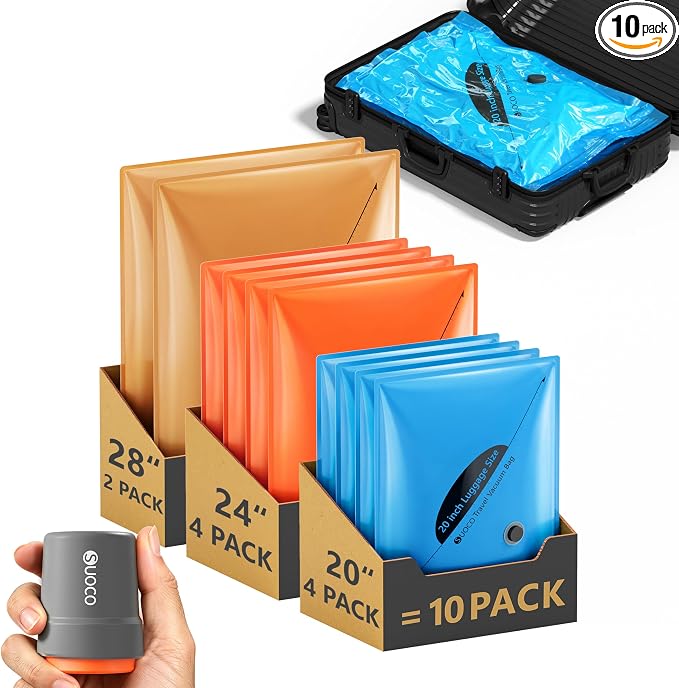 SUOCO 10 Pack Vacuum Seal Bags for Clothing Travel with Wireless Pump, 3 Sizes (20/24/28 Inch) Compression Packing Cubes for Luggage Suitcase by SUOCO