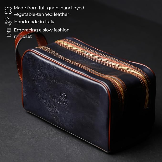 Time Resistance Leather Cosmetic Bag - Italian Toiletry Dopp Kit (Blue) - Image 4