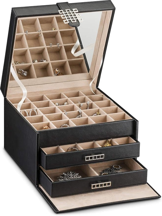 Glenor Co Earring Organizer Holder - 50 Small & 4 Large Slots Classic Jewelry box with Drawer & Modern Closure, Mirror, 3 Trays for Earrings, Ring or Chain Storage - PU Leather Case - Black by GlenorCo