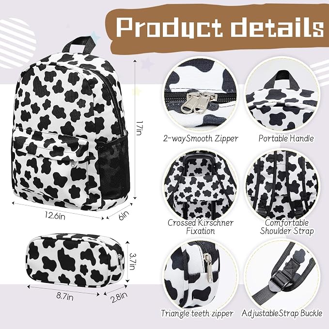 Redbaker 6 Pcs Kids Luggage Set, 17 Inch Rolling Suitcase with Backpack Lunch Bag Neck Pillow, Black and White Cow Travel Set for Summer Vacation Sleepover Back to School Gift - Image 4