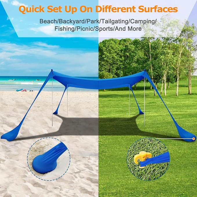 COMMOUDS Beach Tent Sun Shelter - UPF50+ Pop Up Beach Canopy with Sandbags & Sand Shovel & Windproof Poles, Portable Sun Shade for Beach, Camping, Picnics, Backyard - Image 5