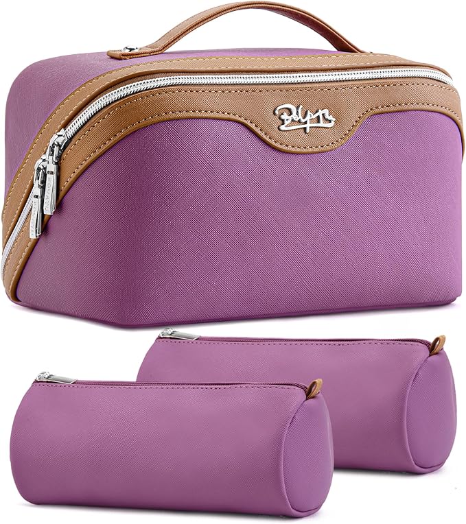 BOYATU Travel Makeup Bag Organizer Cosmetic Bag: 3 Pcs Set Make up Bags for Women with Handle - Waterproof Vegan Leather Toiletry Bags Travel Essentials Pouch with Compartments (A-05-Purple) by BOYATU