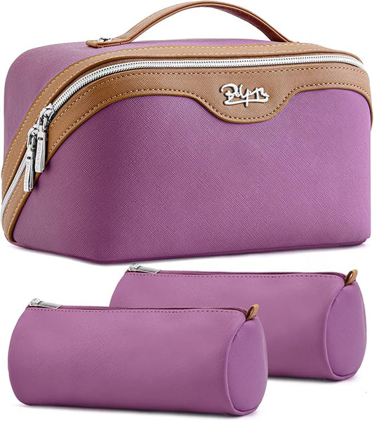 BOYATU Travel Makeup Bag Organizer Cosmetic Bag: 3 Pcs Set Make up Bags for Women with Handle - Waterproof Vegan Leather Toiletry Bags Travel Essentials Pouch with Compartments (A-05-Purple) by BOYATU