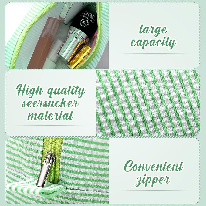 Sanwuta 6 Seersucker Cosmetic Bag Bulk Striped Makeup Bag for Women Aesthetic Cute Travel Toiletry Organizer Preppy Storage Pouch for Wedding Bridesmaid Mother's Day Teacher Gift (Large,Green) - Image 3