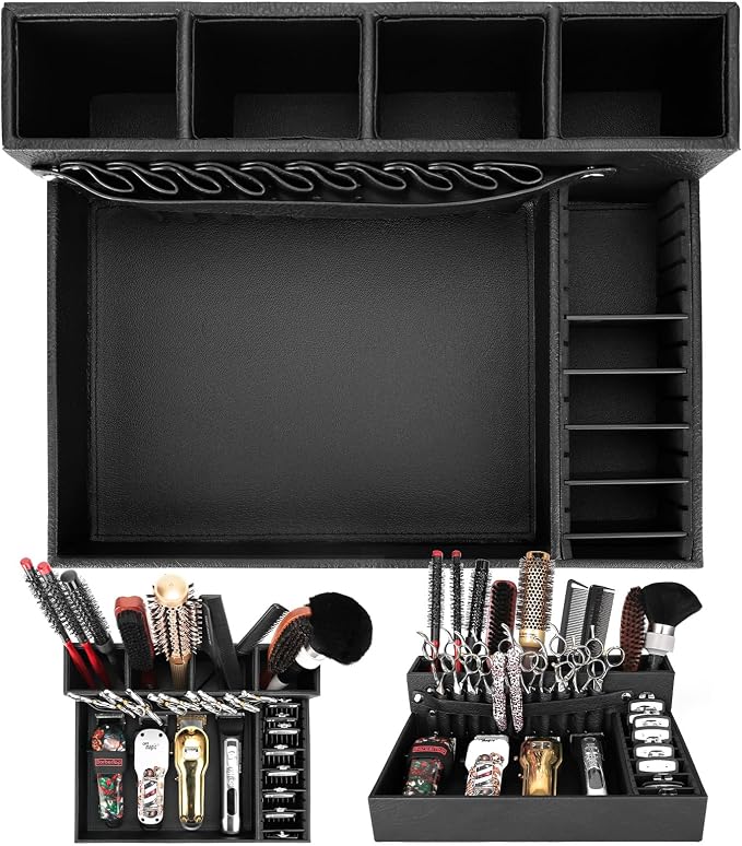 Barber Organizer Tray, 13.9 x 11.2 x 4.4 inch Adjustable Station for Clippers & Guards Scissors, Multifunctional Non-slip Barber&Salon Hair Tools Holder, with PU Leather Exterior Hairdressing Case - Image 3